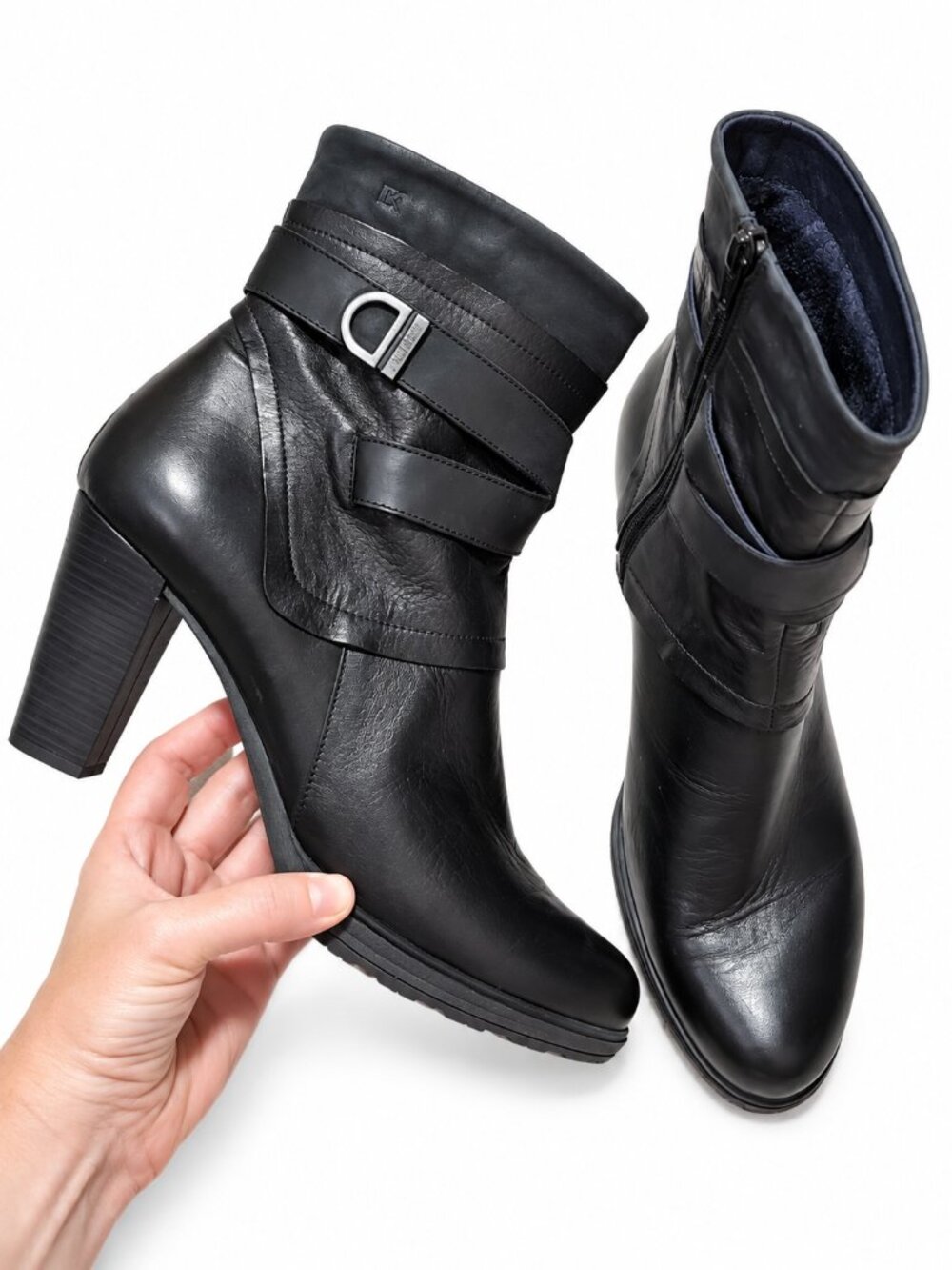DORKING BY FLUCHOS Leather Heeled Ankle Boots Black 41EU 10.5US Moto Biker Sleek